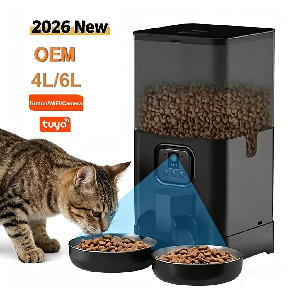 

Новая автоматическая кормушка для кошек 2026 года с двумя мисками (4 л/6 л), камерой и управлением через приложение TUYA, умная кормушка для домашних животных с мисками из нержавеющей стали для нескольких собак и кошек