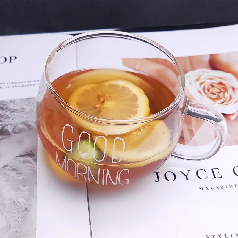 1pcs Letter Printed Transparent Creative Glass Coffee Tea Mug Drinks Dessert Breakfast Milk Cup Glass Mugs Handle Drinkware
