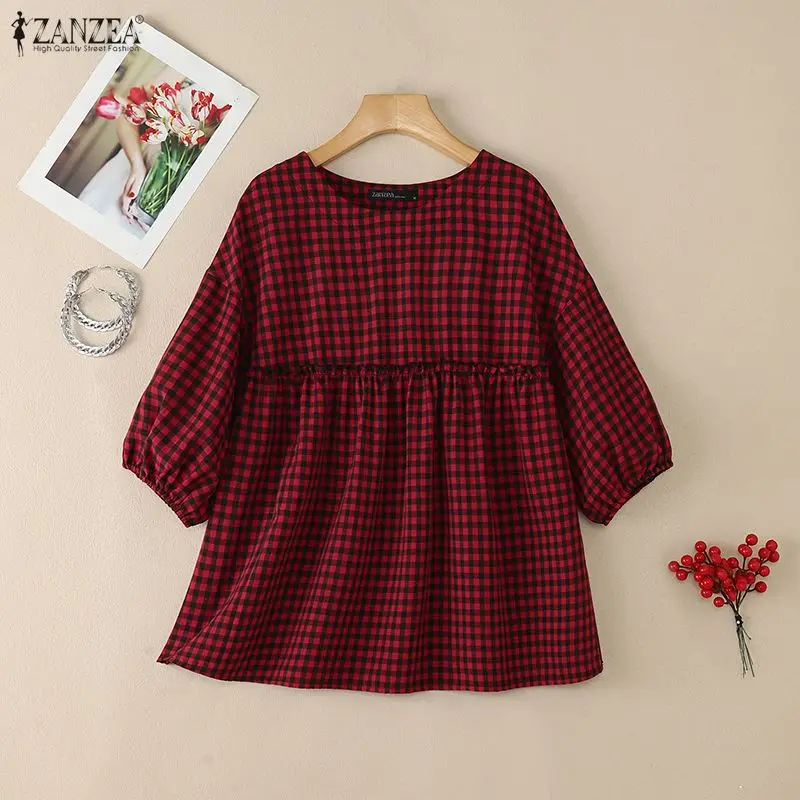 

Летняя блузка ZANZEA 2026 в клетку для женщин, с круглым вырезом, коротким рукавом, стильная повседневная свободная рубашка для отпуска, женская офисная блузка для работы