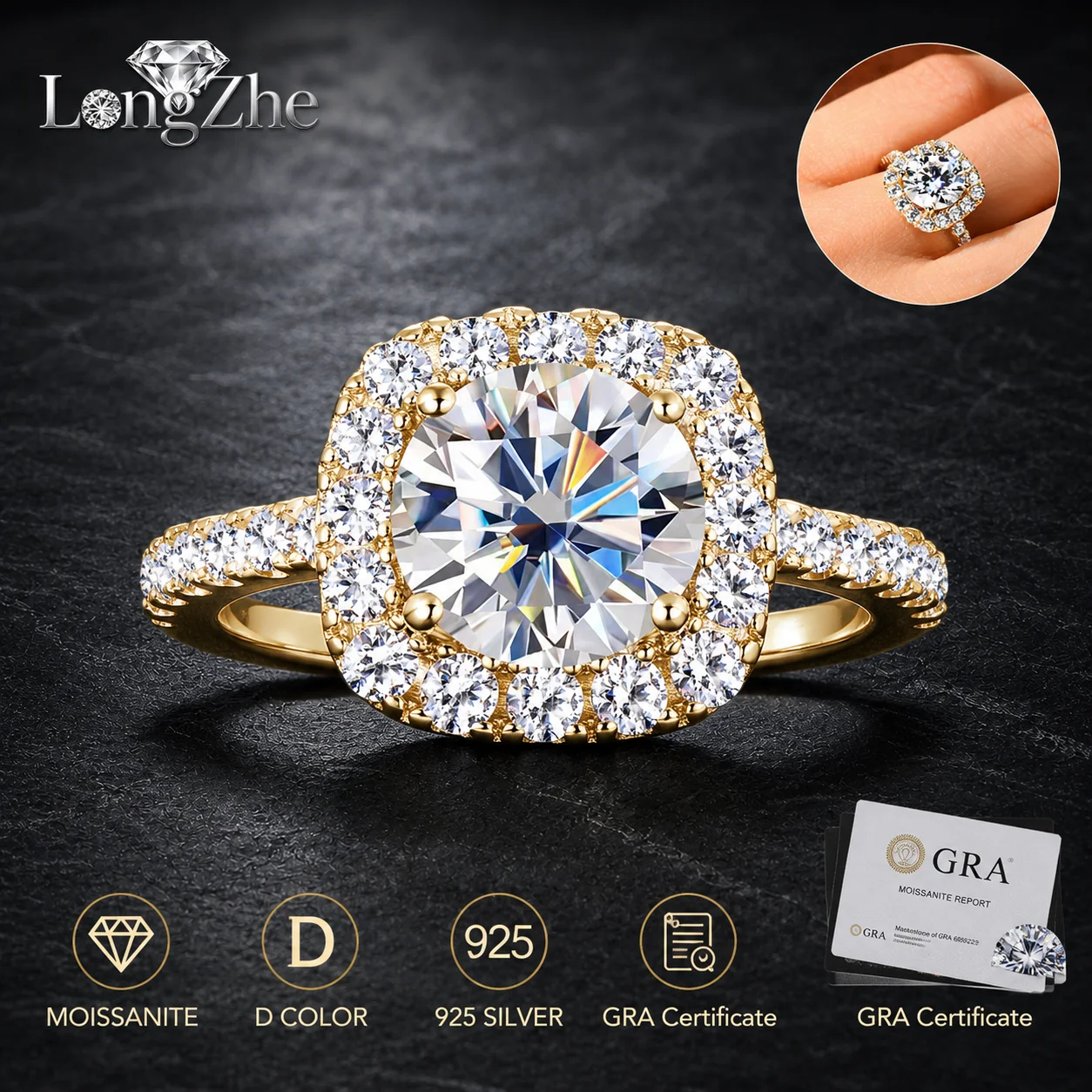S925 Sterling Silver 2CT Moissanite Ring for Women Round Cut Square Halo Pave Engagement Wedding Bridal Jewelry Gold Silver Tone