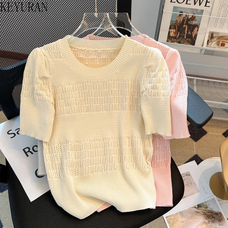 2024 Summer Bubble Short Sleeve Sweater Pullover Knit T-shirt Women\'s Tees French Korean Fashion Hollow Out O-Neck Knitwear Tops