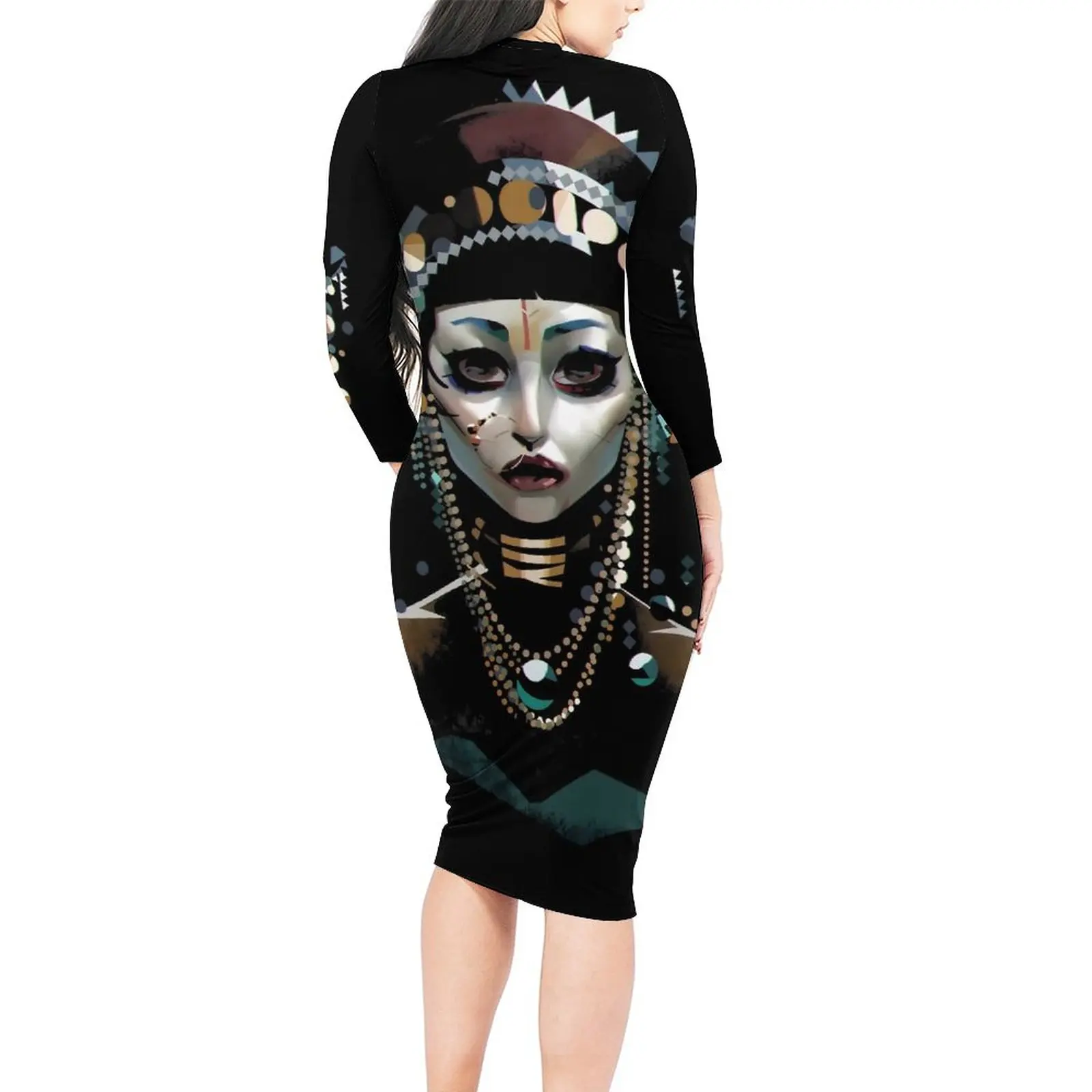 Jibaro Vintage Bodycon Dress Women Robots Print Elegant Dresses Autumn Long Sleeve Street Wear Graphic Dress Large Size 5XL 6XL