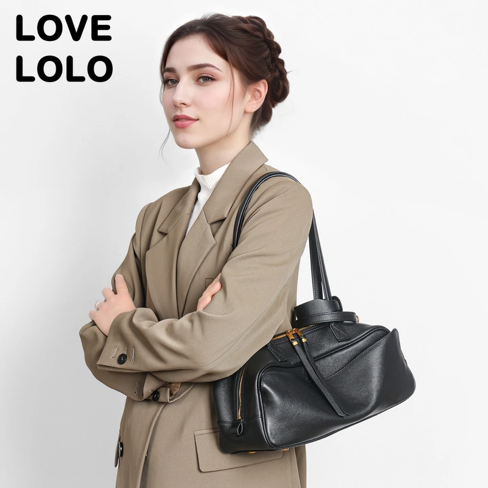 

Korean Bowling Bag for Women Genuine Soft Cowhide Boston Purse Designer Shoulder Bag HighQuality Crossbody Handbag Baguette Bags
