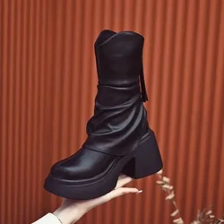 Fashion Round Toe Thick Sole All-match Ankle Boots Women's Chunky Heels Platform Comfortable Short Boots Increase Shoes 2024