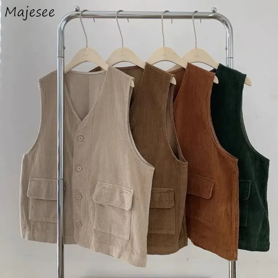 Corduroy Vests Women Loose Korean Style Pockets Single Breasted Cozy All-match Autumn Solid Vintage Fashion Chic Student Outwear