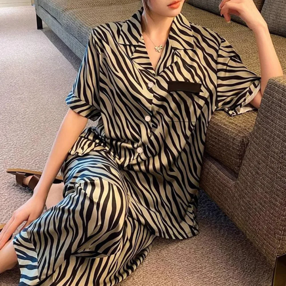 Women Pajamas Set Zebra Striped Sleepwear 2 Piece Pyjama Faux Silk Satin Homewear Short Sleeve Button Pijama Lounge Pants Pjs