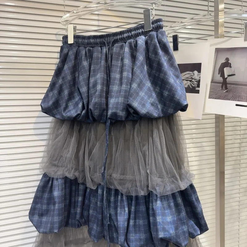 Japanese Style Women's Dull blue Long Dress High-Waisted Bow Spliced Lace A- Line Mid-Length Skirt Female Fashion