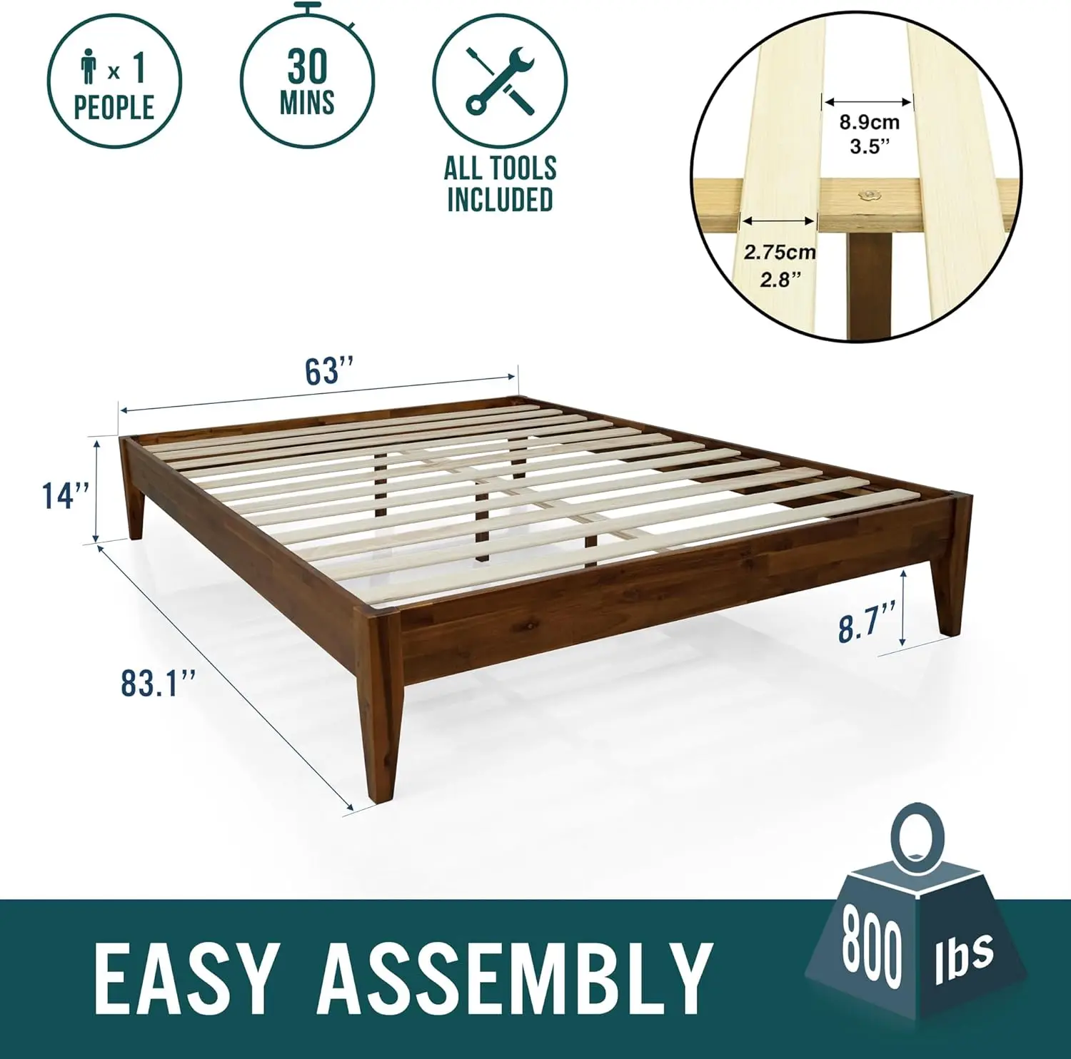 Mervyn Queen Bed Frame Solid Wood Platform Bed, 800 lbs Capacity Signature Mid Century Wood Bed Compatible with All Mattr