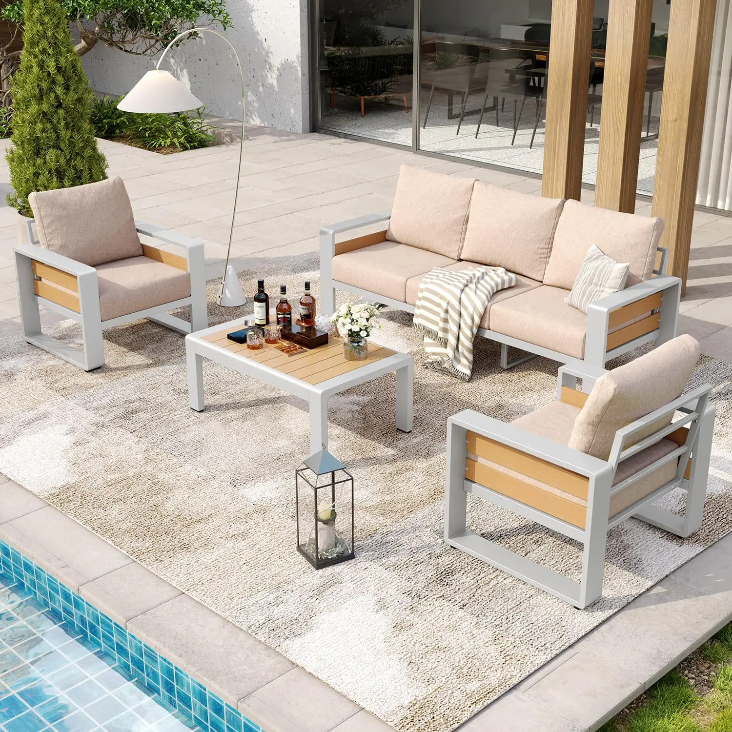 Aluminum Patio Sofa Set 5 Seats Outdoor Sectional Olefin Cushion Coffee Table for Backyard Deck Porch, Customized