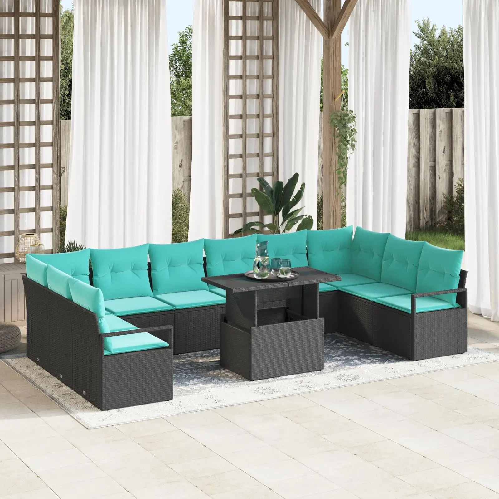 

11 Piece Black Poly Rattan Garden Sofa Set with Comfortable Cushions Outdoor Seating Furniture