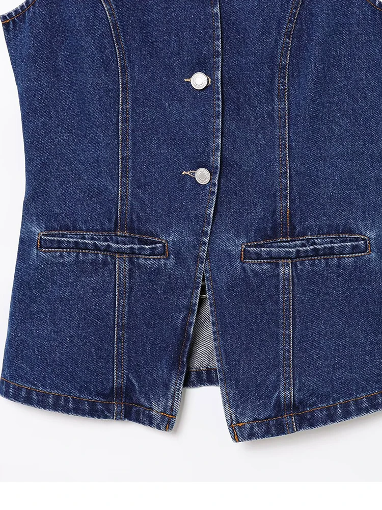 Chalecos vaqueros de verano para mujer, abrigos 2025, moda sólida con cuello redondo, un solo pecho, elegante chaleco ajustado de calle para mujer, prendas de vestir exteriores