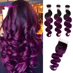 Ali Coco Onda Del Corpo 3 Bundle Con Chiusura 1B/Viola Colore Dei Capelli Brasiliani Bundle Con Chiusura 8-28 pollice Remy Extensions
