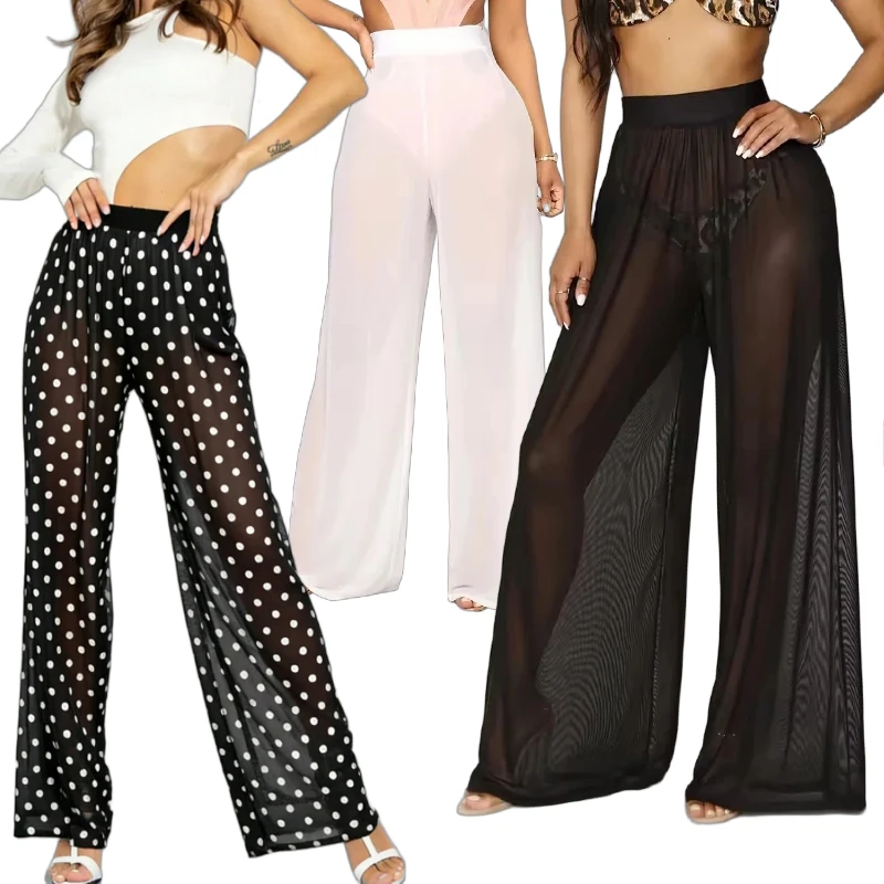 High Waist Sheer Mesh Wide Leg Pants Women See Through Palazzo Trousers Polka Dot Beach Bikini Cover Up Clubwear Loose Pants