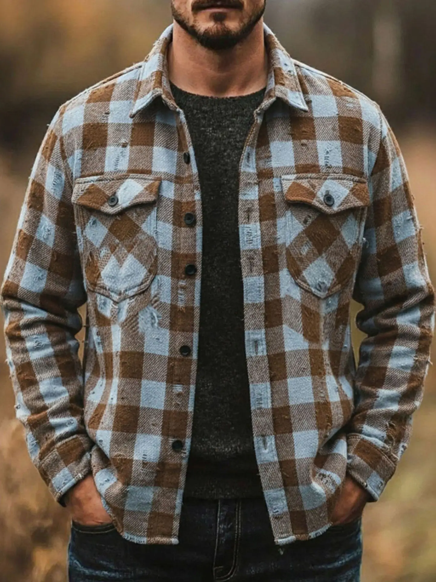 

Classic Plaid Casual Shirt Men's Long Sleeve Torn Hole Autumn Winter Outerwear Loose Fit Polyester Fabric Large Size