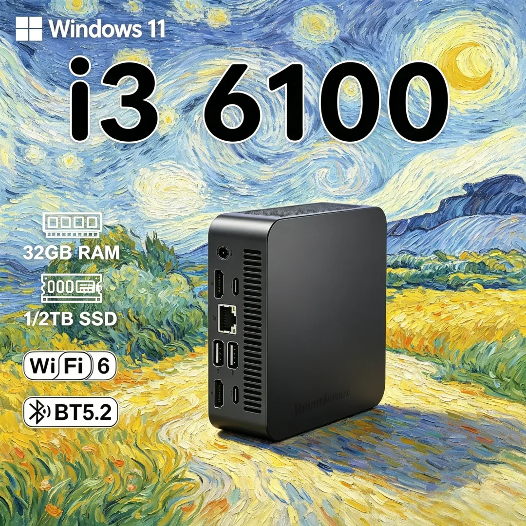 Mini PC Moderno com Windows 11 Pro, Core I3 6100, 32GB de RAM, SSD de 1TB/2TB, WIFI 6, BT5.2, 4K HD, Ideal para Negócios e Jogos