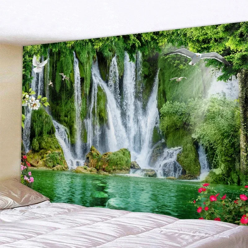 Wunderschöner Wandteppich mit Natur-Wasserfall-Wald-Motiv, böhmische Wandbehang, Schlafzimmer, Wohnzimmer, Dekoration