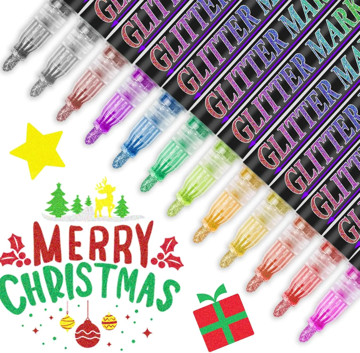 

12 Colors Glitter Marker Pens, Metallic Shimmer Paint Markers for DIY Crafts, Card Making, Scrapbooking, Wood, Glass, Ceramic