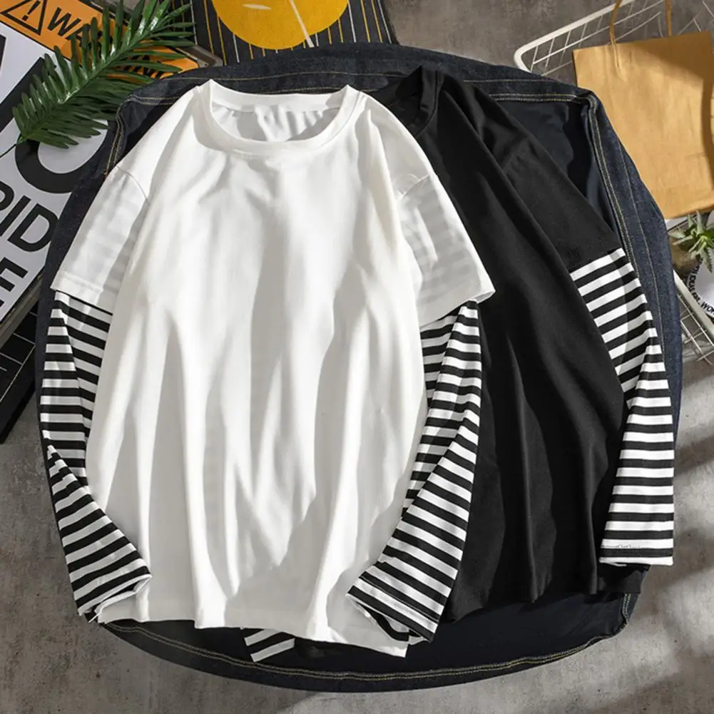 Men Women Fake Two Pieces Harajuku Striped T-shirt Korean Casual Full Sleeve O-Neck T-Shirts 2022 Hip Hop Couple Bottoming Shirt