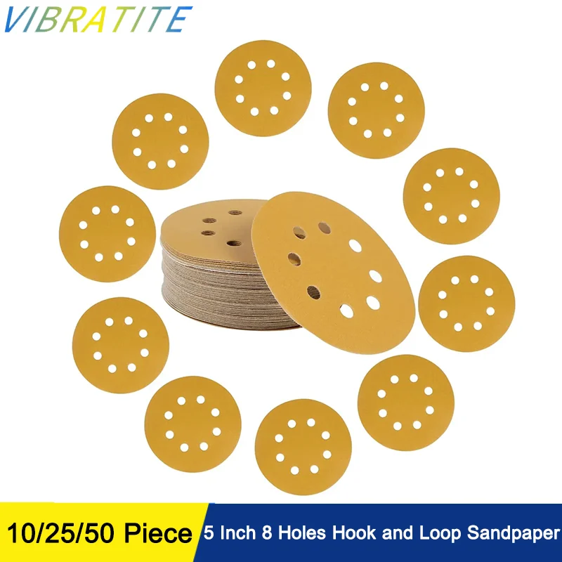 5 Inch 8 Holes Hook and Loop Sandpaper Assorted 40 to 1000 Grits Aluminium Oxide Dry Wet for Polishing Metal & Auto 10/25/50 Pcs