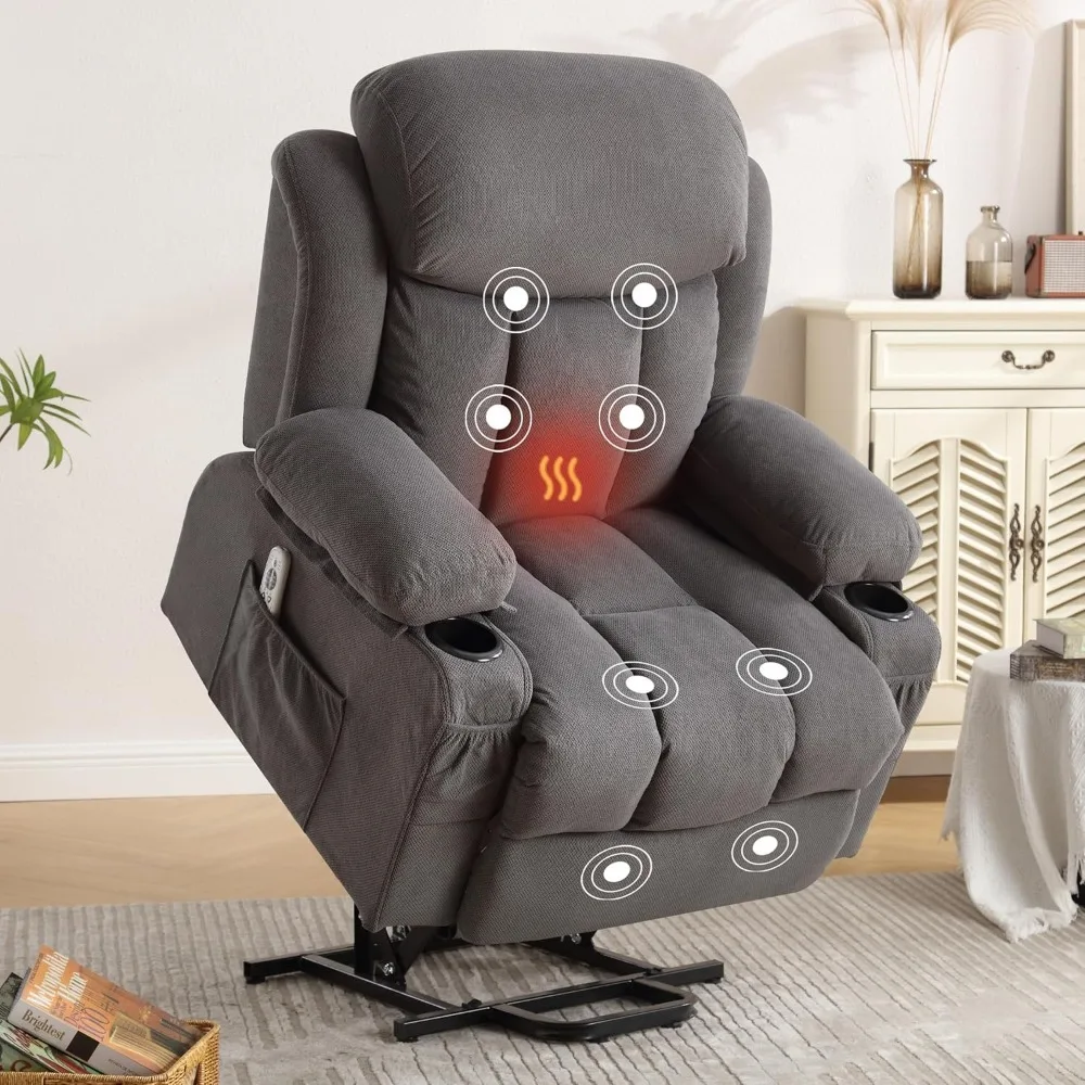 Silla reclinable de tela eléctrica para ancianos, asiento de elevación eléctrica con calor y masaje, bolsillo lateral, puerto de carga USB, Control remoto