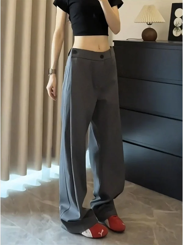 Black Pleated Straight Leg Men's Suit Pants Summer High-End Drape Korean Trend Casual Loose Trousers Youth Leisure Polyester ...