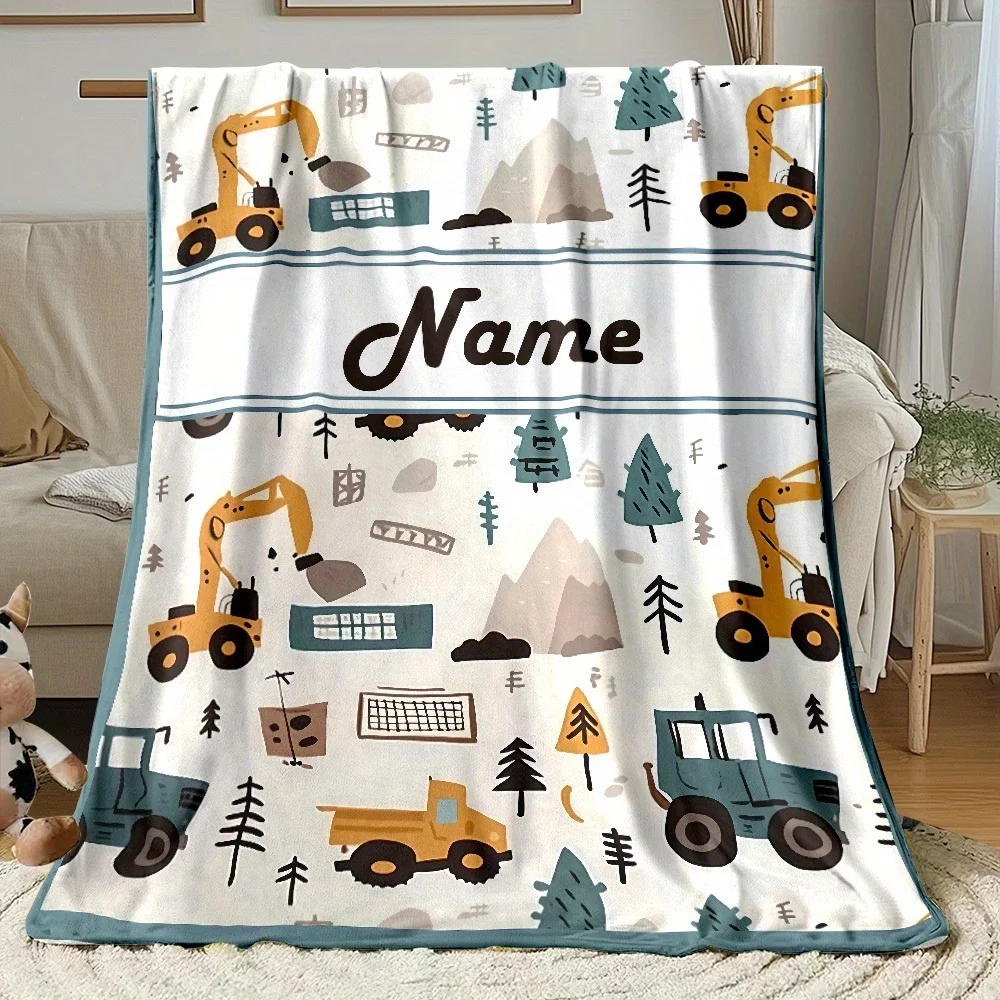 1Pc Custom Name/Text Construction Vehicles Pattern Flannel Blanket, Soft and Comfortable,Suitable for Office, Home, Holiday Gift