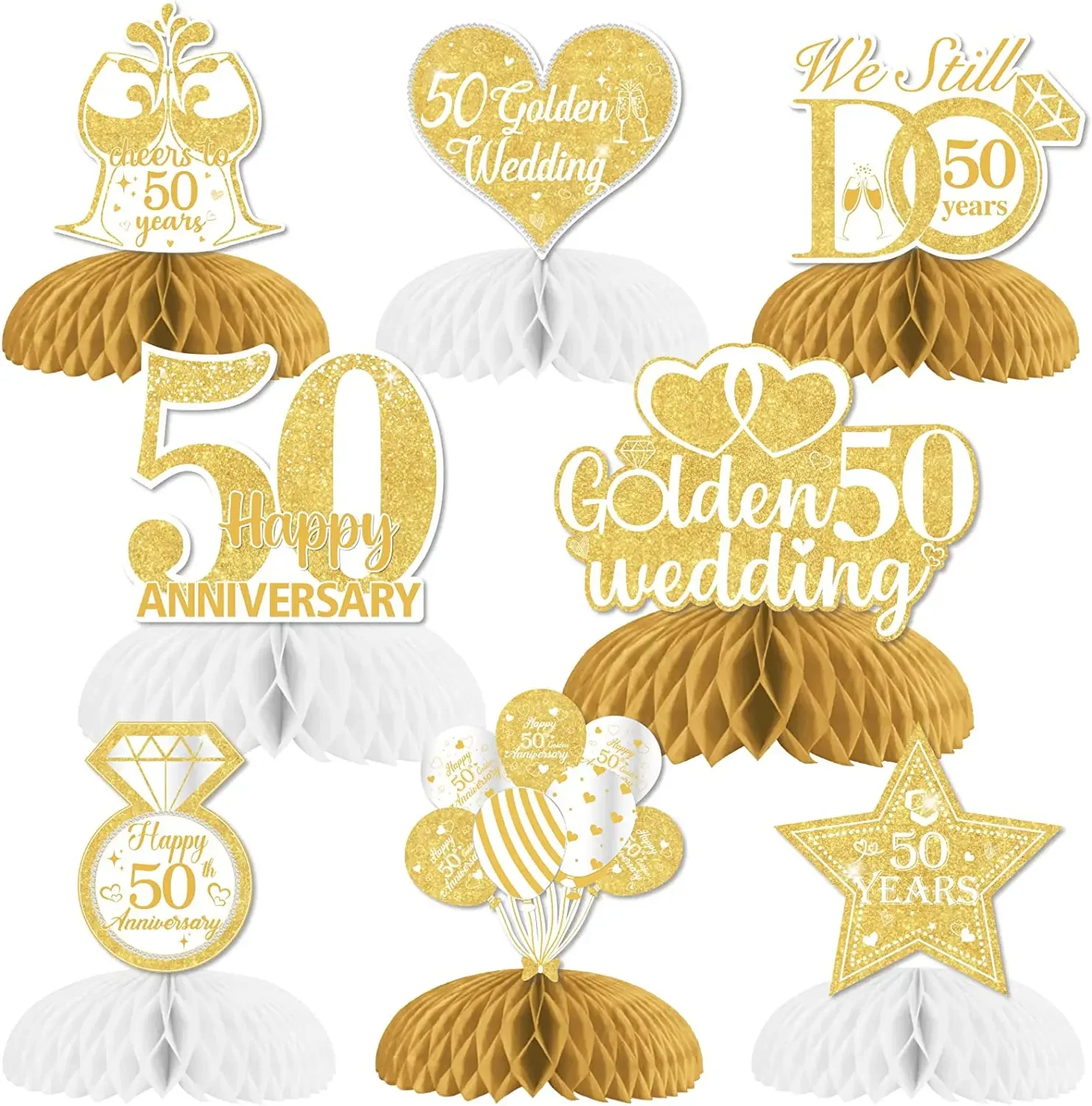 Golden Wedding Anniversary Honeycomb Centerpieces, Table Toppers, Cheers to 50th, Happy Anniversary Decorations, Romantic, 8Pcs