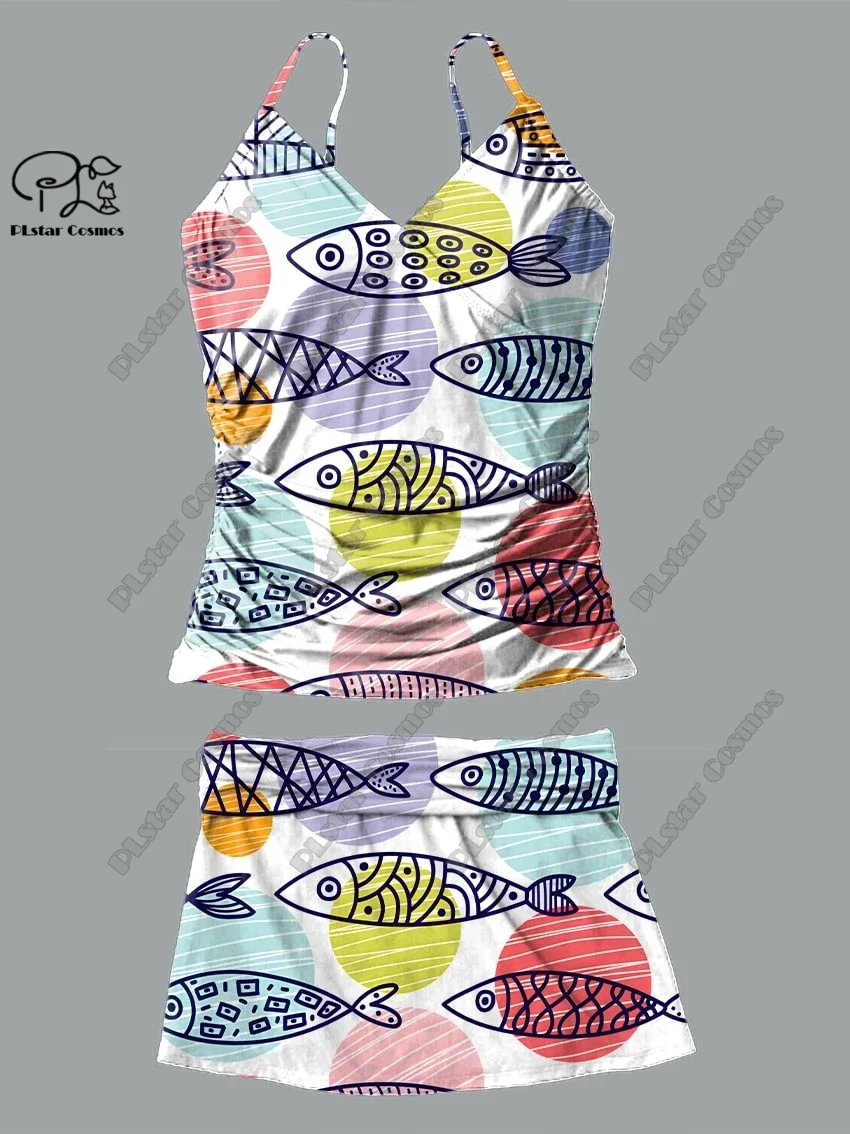 Frauen V-Ausschnitt Sommer kleine frische Blumen fisch Print Hosenträger Rock Stil zweiteiligen Badeanzug Anzug Urlaub neue Badeanzug Y-5