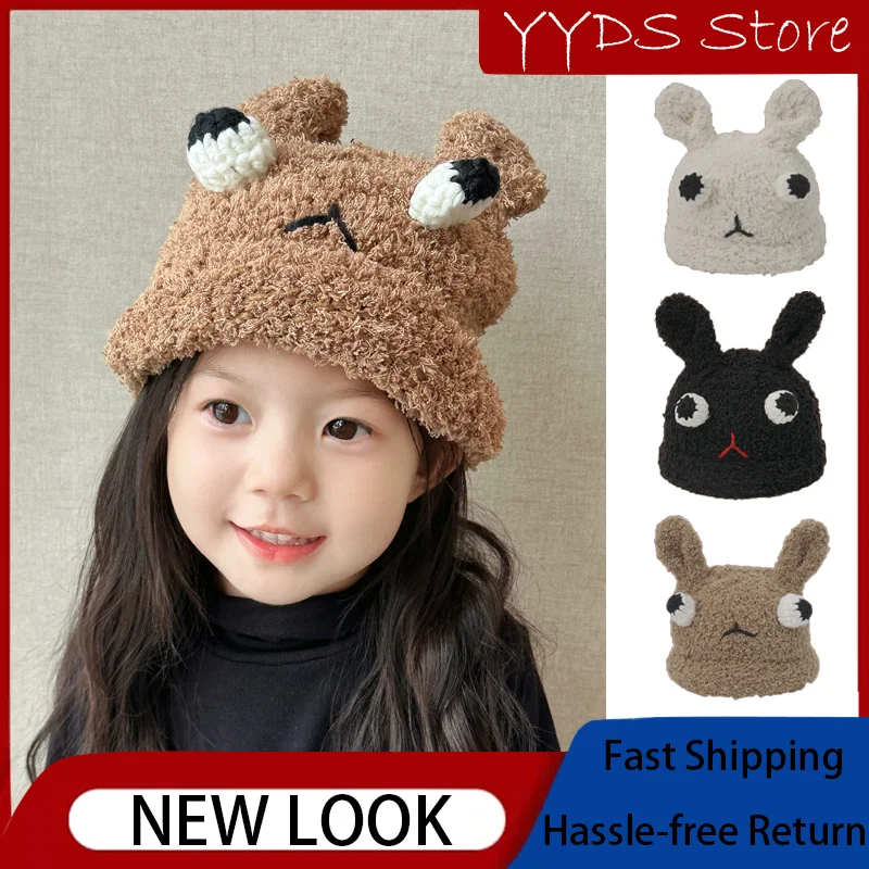 Parent-child Winter Hat Girl Bunny Plush Hat Cute Funny Bear White Knit Hat Kids Big Eye Beanie