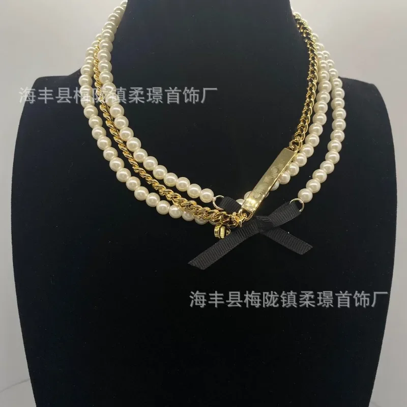 

Dijia Necklace Bracelet Light Luxury Love Pendant Pearl Necklace Black Bow Double Layer Stacked Clavicle Chain
