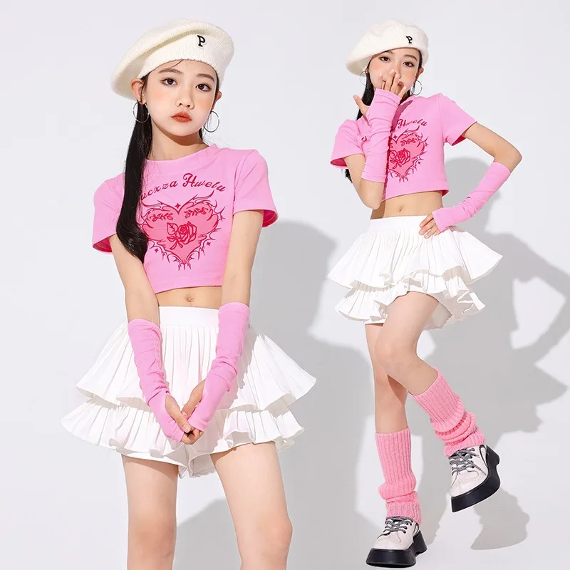 Girls 'Hip Hop Costume para Cheerleader, Sweet Crop Top, Street Dance Saias em camadas, Kids Streetwear, Conjuntos de roupas de palco