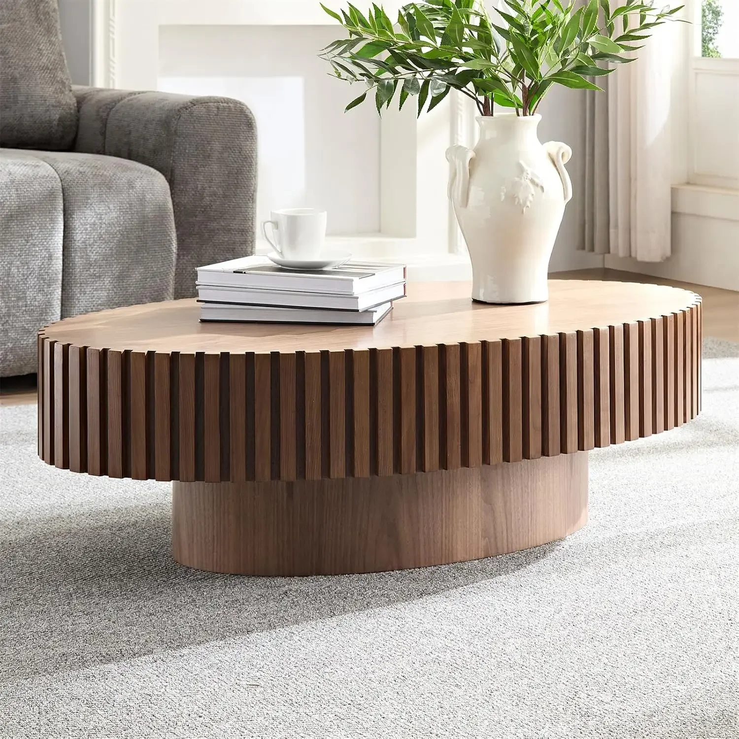 

Oval Drum Coffee Table Handcrafted Relief Sturdy Pedestal Wooden Olive-Shaped Tea Table, 43.7''L×24.8''W×13.38''H, Walnut