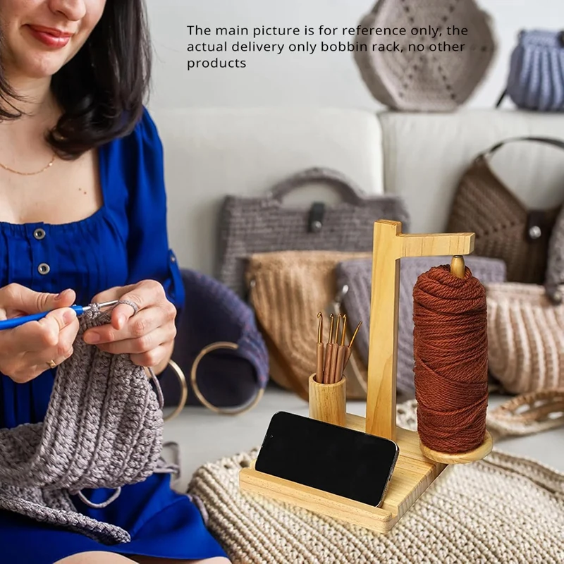 Wooden Yarn Holder Phone Stand, Wooden Yarn Holder with Phone Stand, Magnetic Wooden Yarn Spool Rack Brown-ABAM