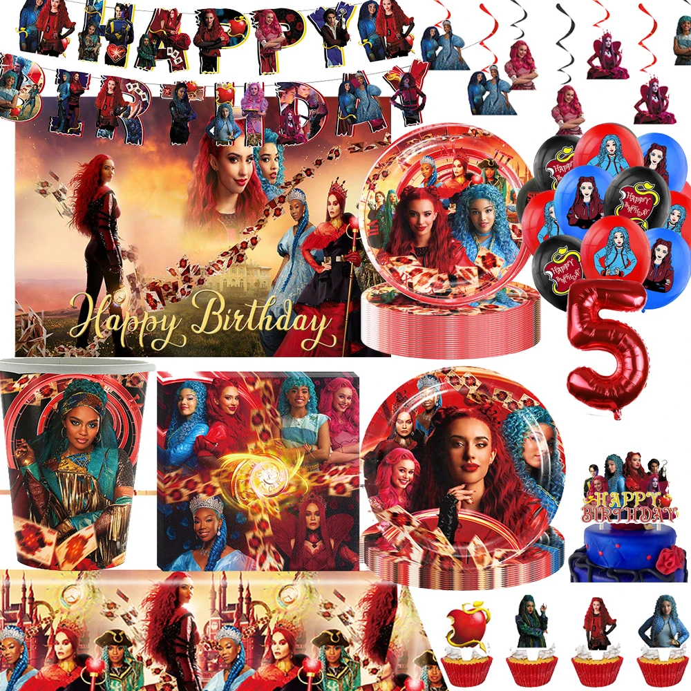 Disney Descendants The Rise of Red Party Accessories Tableware spiral Cup Cake Toppers Banners Birthday Decorations Baby Shower