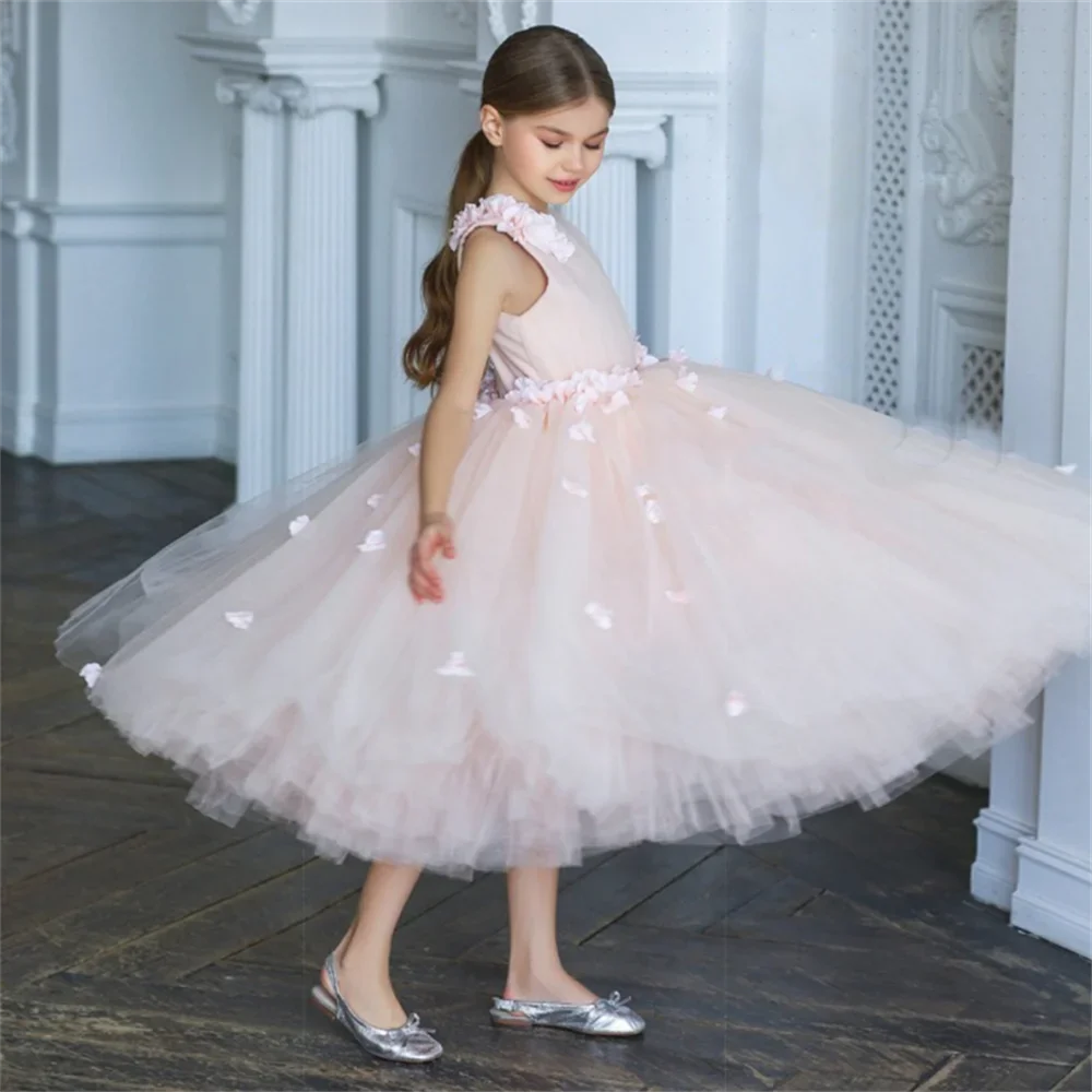 Vestidos de tul Burdeos hinchados con flores y pétalos para niña, vestidos de flores sin mangas para boda, fiesta de cumpleaños, vestidos de primera comunión