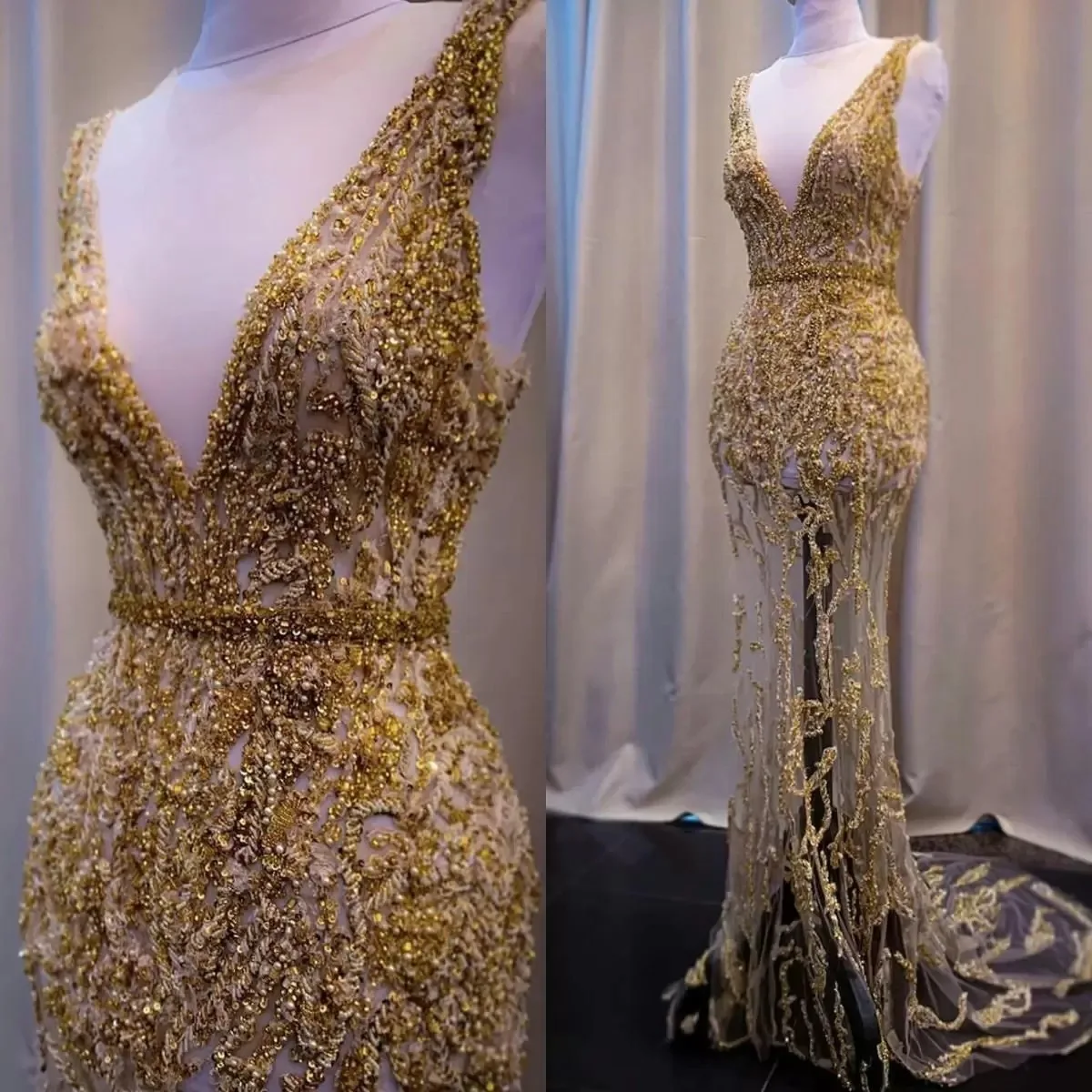 Robe de soirée de forme sirène en dentelle dorée, col en v profond, paillettes perlées, ceinture de balayage, traîne, sur mesure, robes de bal formelles