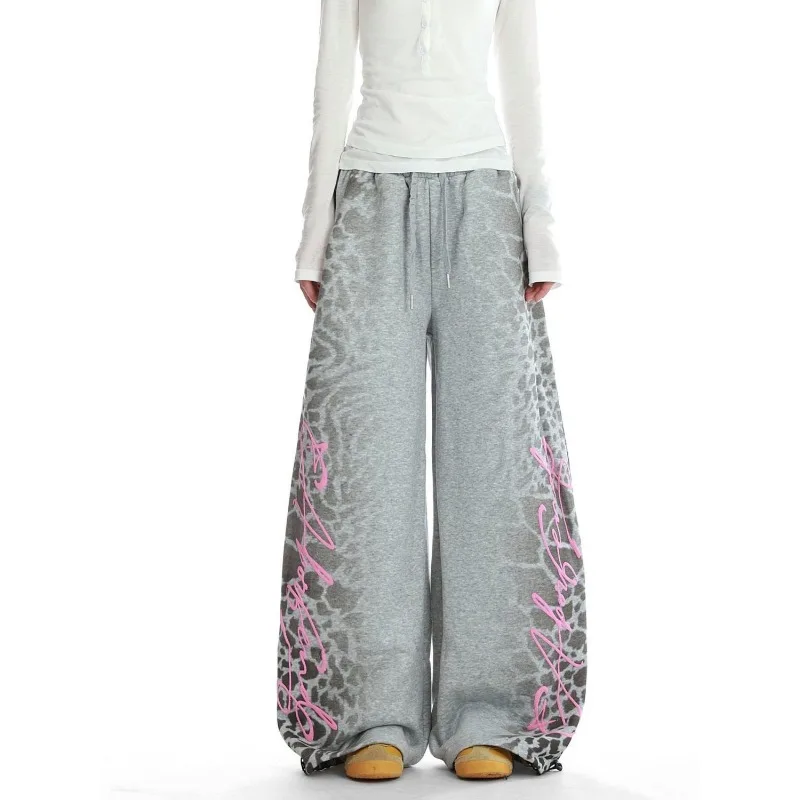 Women Leopard Print Letter Graphic Wide Leg Sweatpants Drawstring Loose Streetwear Casual Trousers