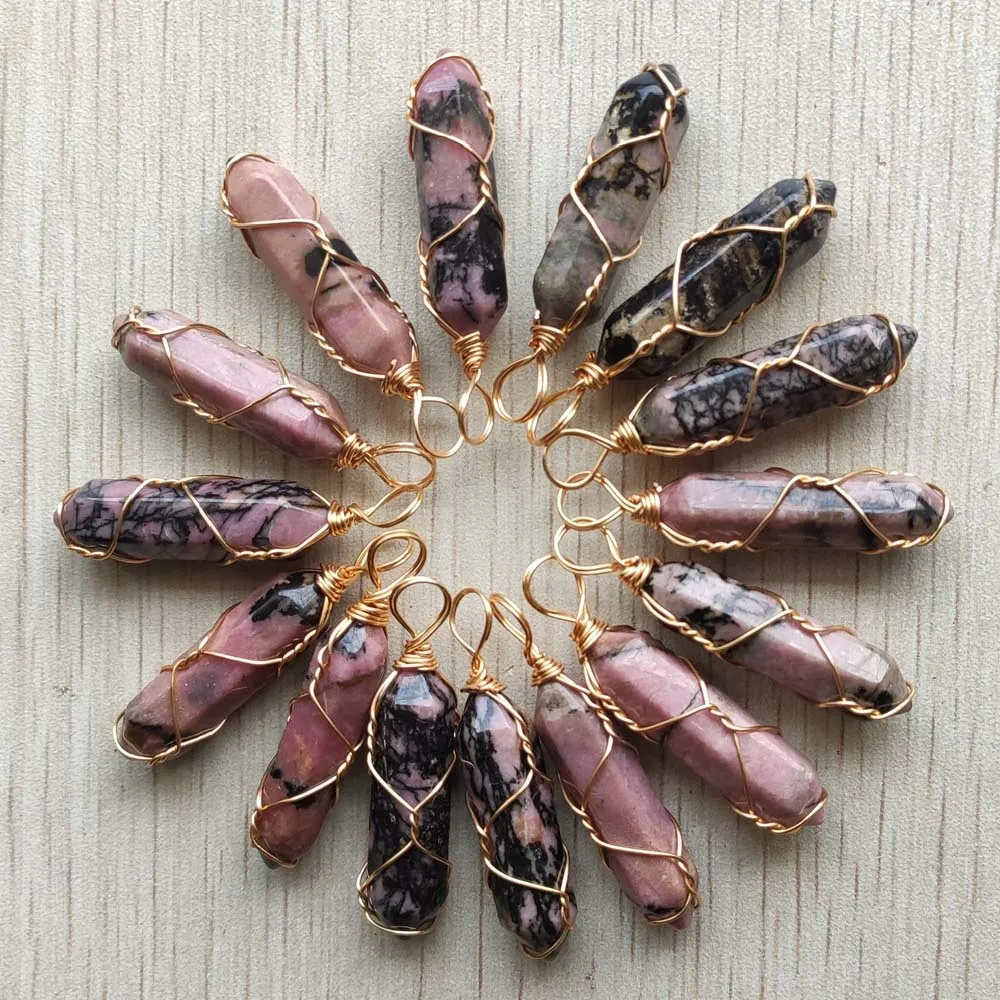 

natural Rhodochrosite stone handmade gold color wire pillar shape pendants for jewelry making free shipping Wholesale 24pcs/lot