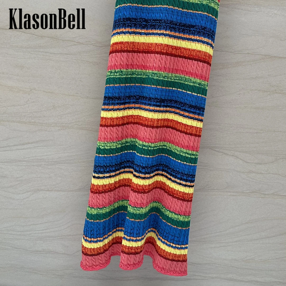 5.8 KlasonBell Rainbow Contrast Color Spaghetti Strap Dress Temperament Sexy Backless Twist Knit Pencil Long Dress