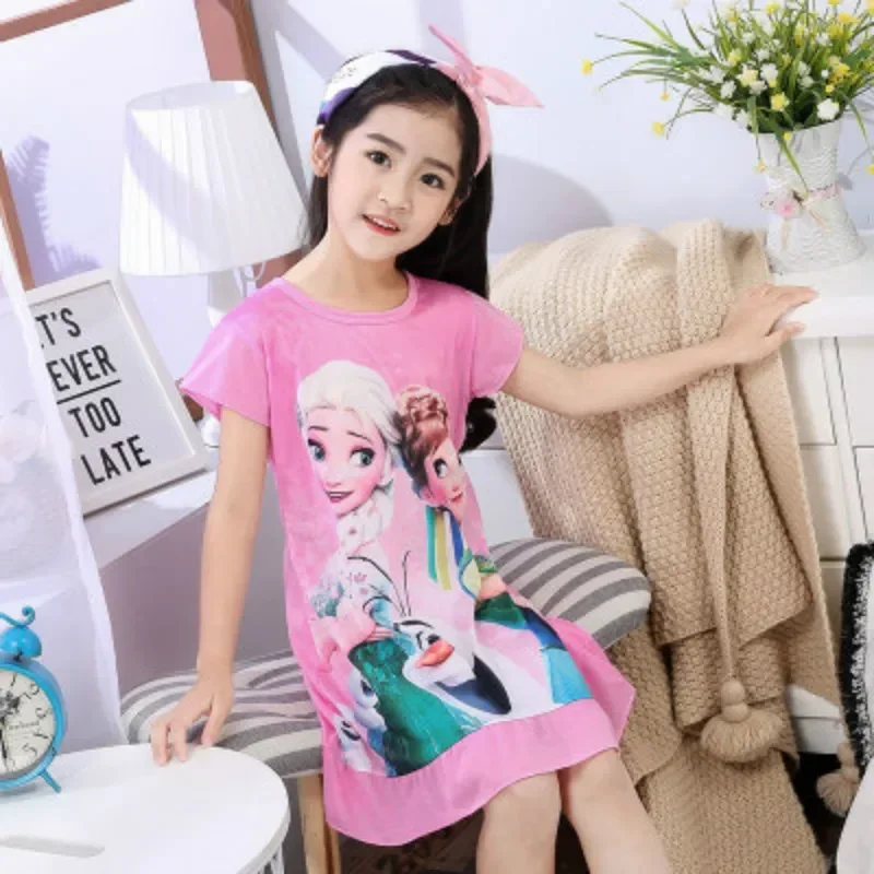 Frozen Anna Elsa Olaf Girls Dress Summer Cartoon Children Clothes Short Sleeve Pajamas Snow Queen Princess Dress Kids Sleepwear