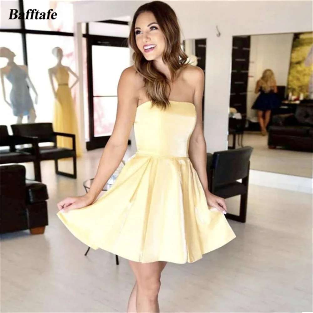 

Bafftafe Simple Yellow Satin Homecoming Gowns Customized Corset Back Mini Women Formal Prom Gown Girl Nigh Club Party Dresses