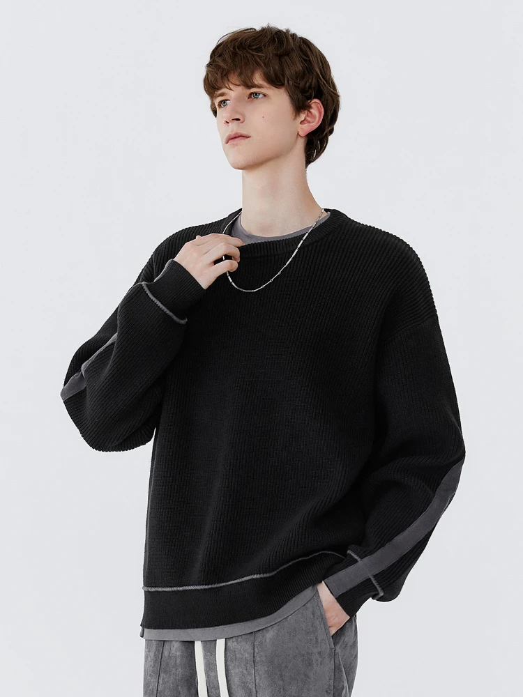 Pullover Sweater Men's Black round Neck Color Matching Fashion Loose Casual All-Match Coat Long Sleeve Sweater Spring and Autumn