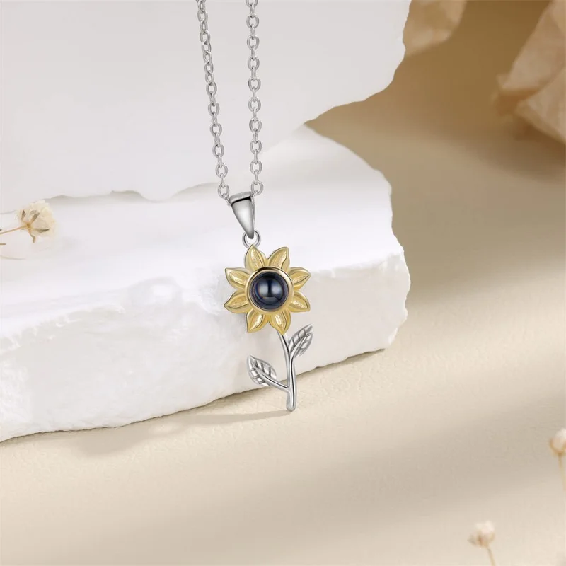 Personalized Customized Photo Projection Necklaces For Women Men Gold Sunflower Pendant Necklaces Gifts For her Memorial Jewelry