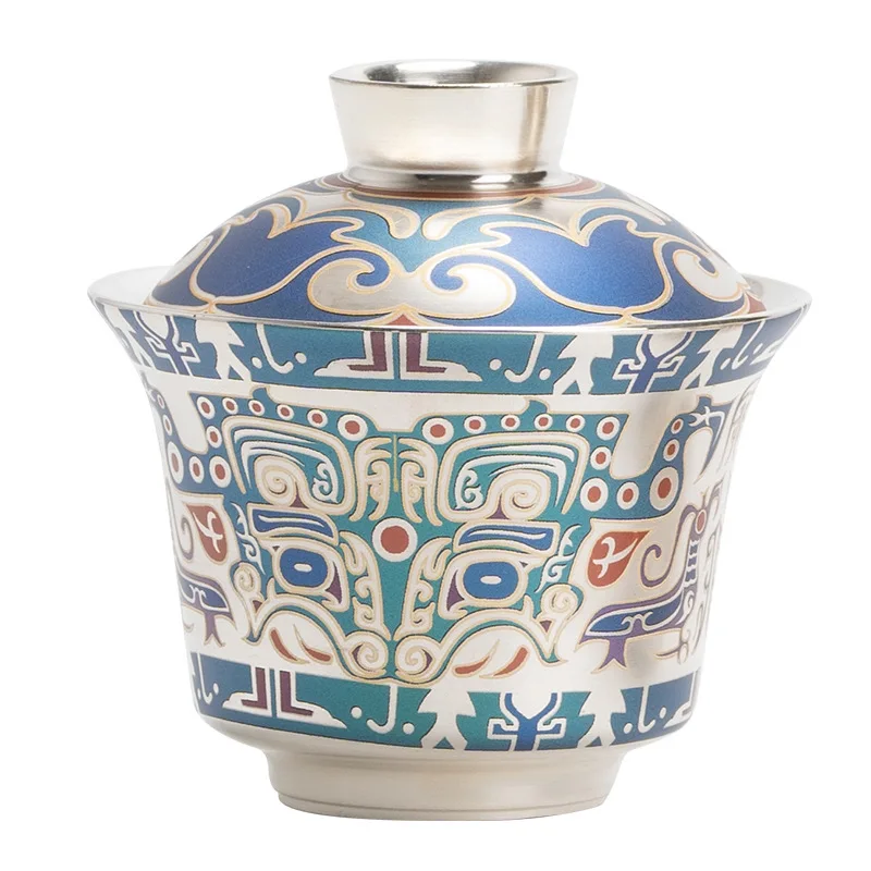Taotie pattern kung fu tea set gift box small set high-end silver cover bowl teacup gift for elders