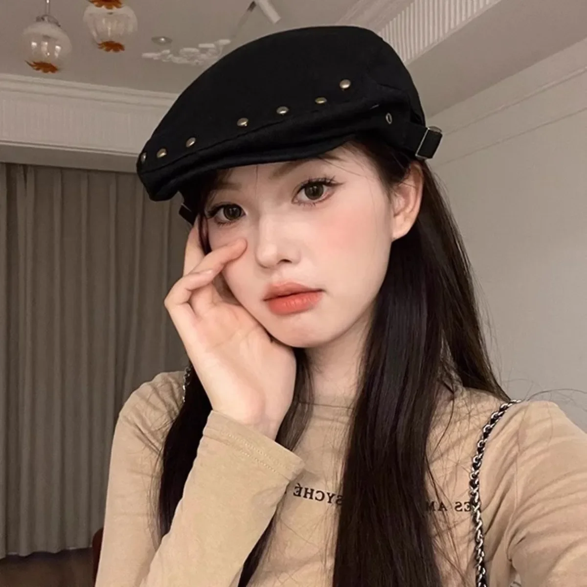 

Vintage Rivet Newsboy Cap for Women Summer Sun Protection Visor Beret Fashion Hat Face Slimming Daily Casual