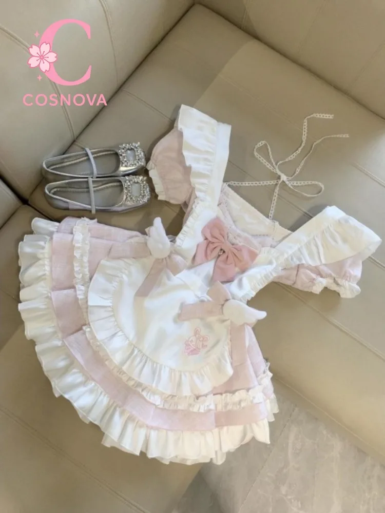

Sweet Pink Lolita Princess Dress Bow Ruffle Puffy Suspender Skirt Apron Set Kawaii Bubble Sleeve Fit and Flare Cute Party Outfit