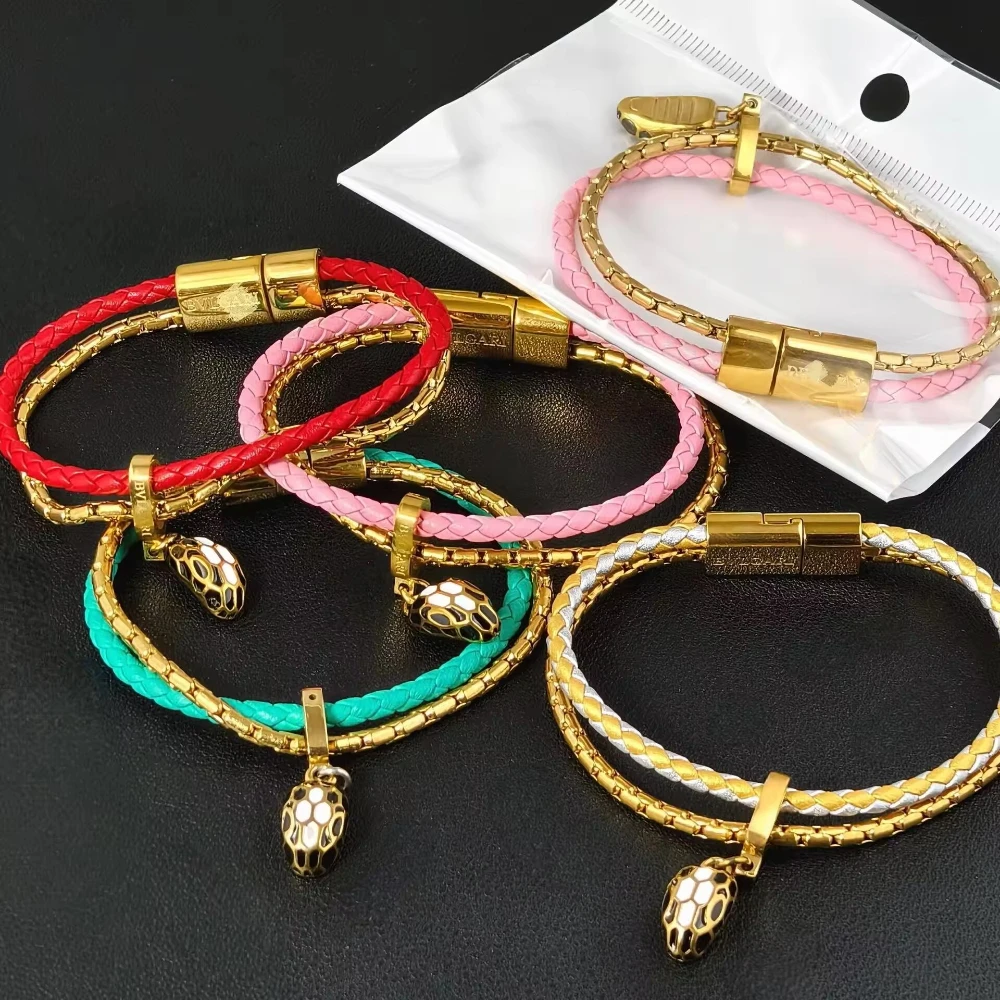 

tendencia 2025 New model Classic Snakehead Leather Braided Leather Rope Double layer Bracelet Enamel Snakehead