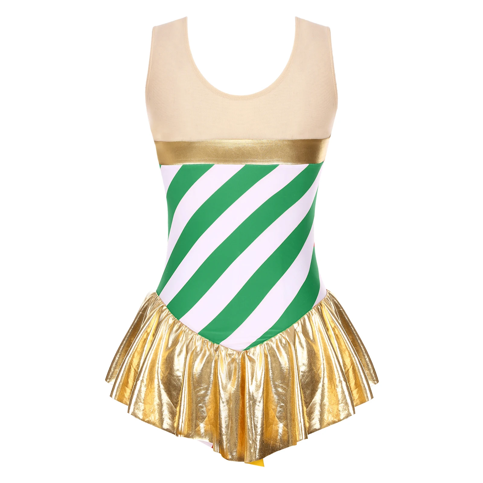 Women's Candy Cane Christmas Elf Costume Sparkly Striped Sleeveless Gymnatics Leotard Ballet Tutu Leotard Dresses Dancewear