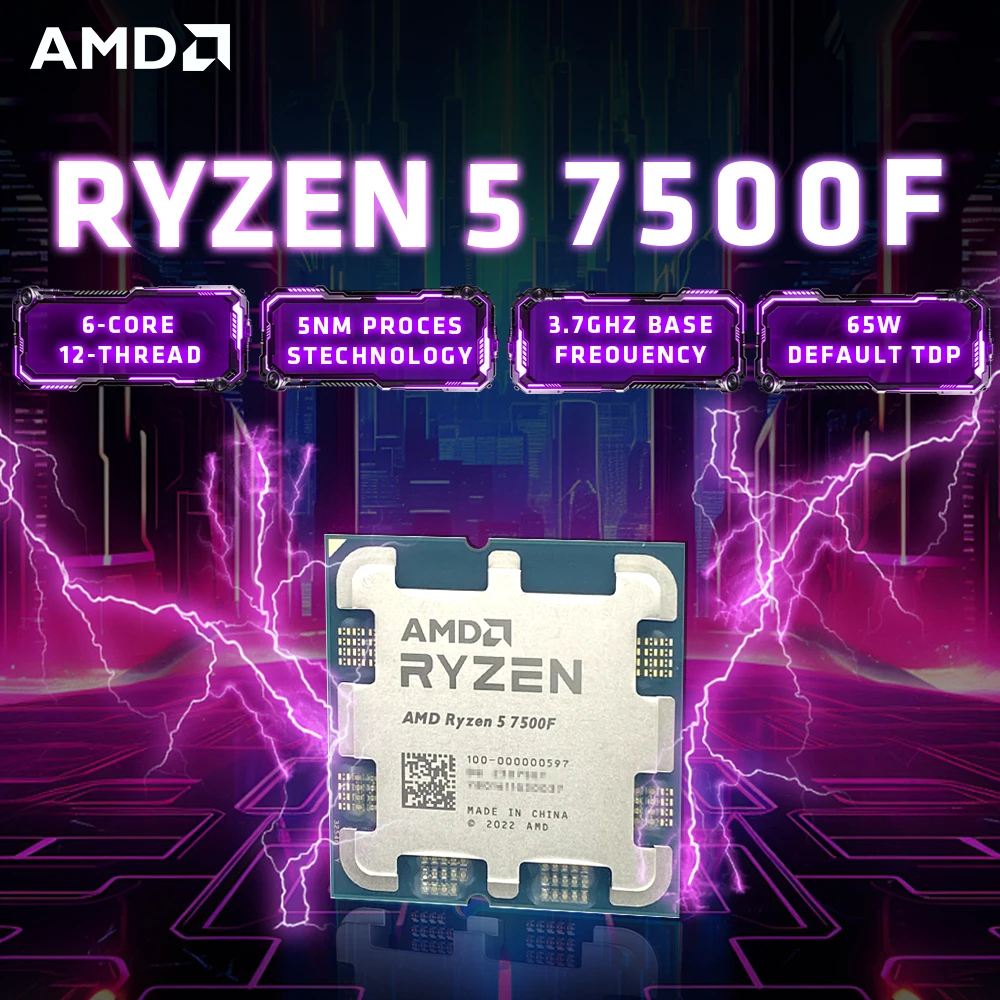 

Процессор AMD Ryzen 5 7500F, 6 ядер, 12 потоков, 3.7 ГГц (до 5.0 ГГц), 5 нм, 32 МБ L3, 65 Вт, сокет AM5, DDR5, PCIe 5.0, для игровых настольных ПК
