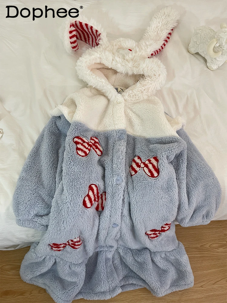 

Милая милая пижама с капюшоном и бантом для девочек, осенне-зимняя теплая утолщенная ночная рубашка, домашняя одежда, платье